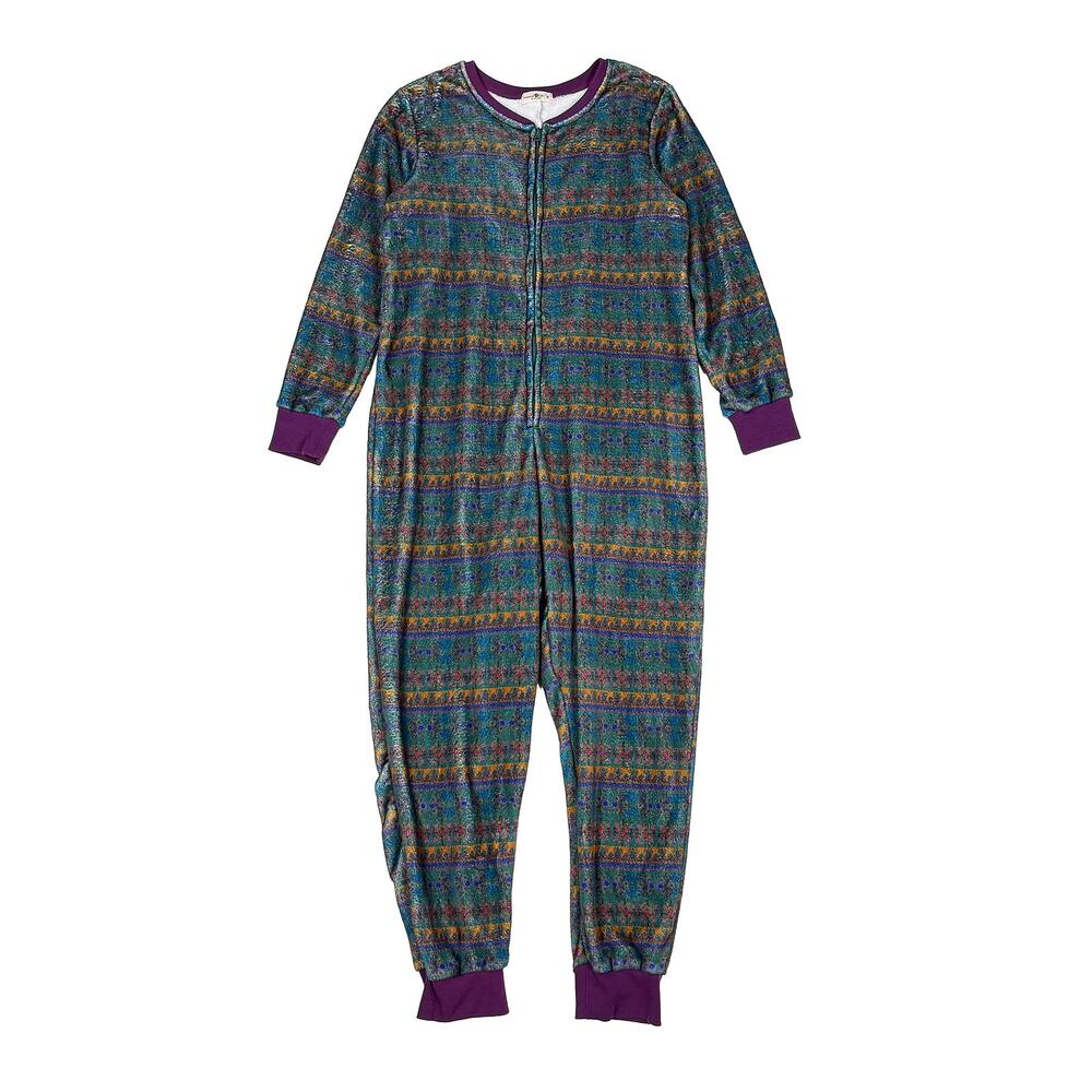 Natural Life One Piece Pajama Jumpsuit Women M Green Floral Stripe Boho Fleece
